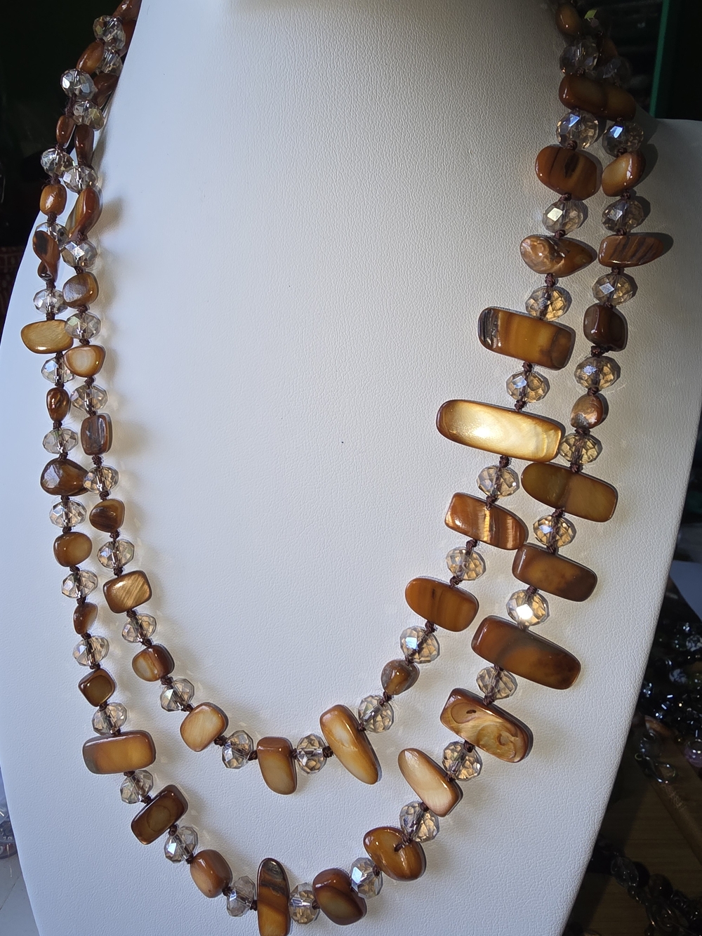Mother Of Pearl Brown Layered Bead & Crystal Necklace